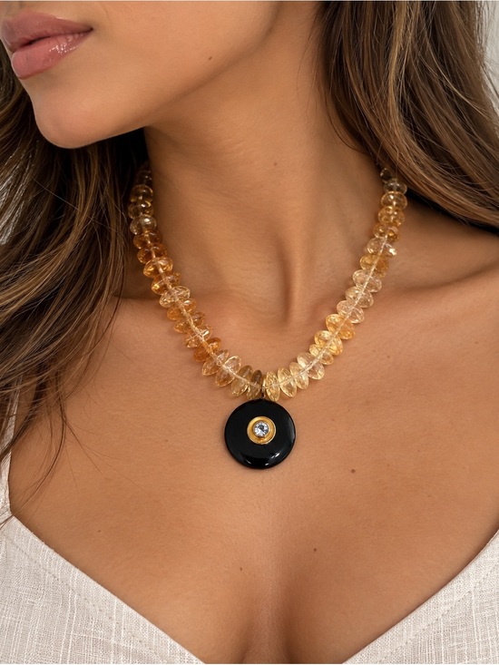 Jewelry - Handmade Elegant Citrine Bead Necklace with Onyx Pendant